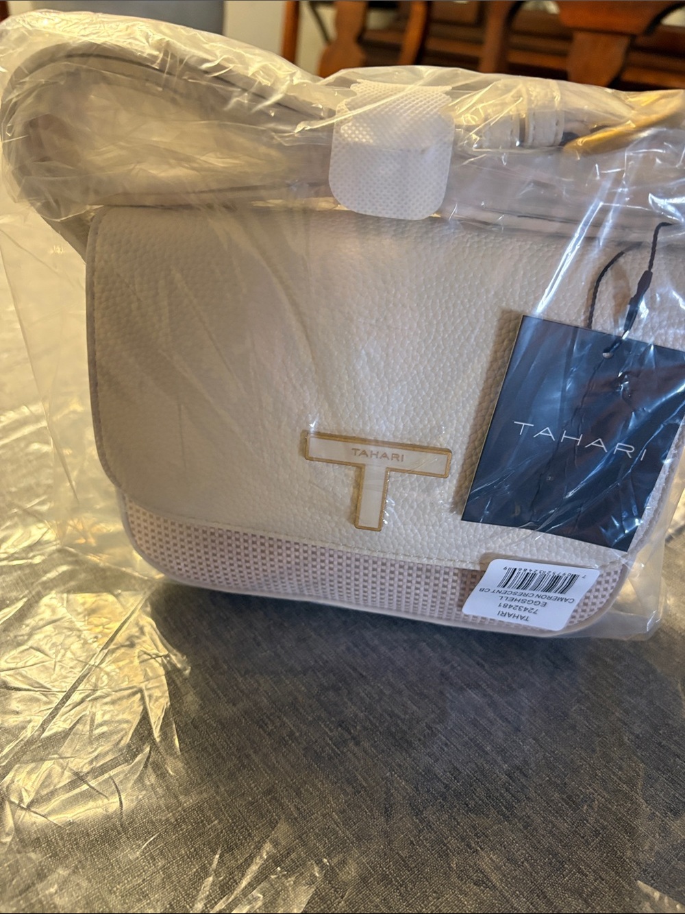 Tahari Cream Crossbody Bag with Gold T Logo